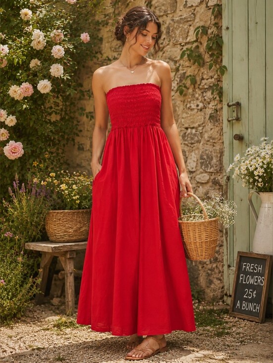 Old Navy Dresses & Skirts - Old Navy Red Smocked Strapless Maxi Dress With Pockets Cottagecore L